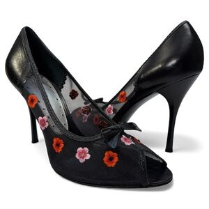 BCBGirls Black Heels red/pink Floral embroidery on mesh, 4” stiletto peep toe